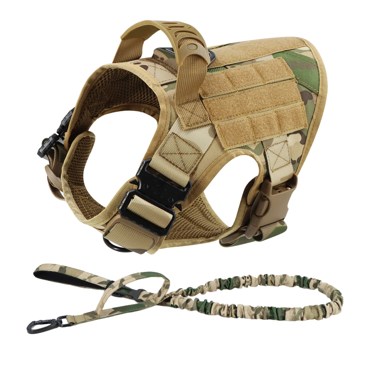 A tan and green camouflage dog harness and leash set for training and walking.