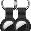 A black silicone protective cover for an AirTag attached to a metal keychain ring.