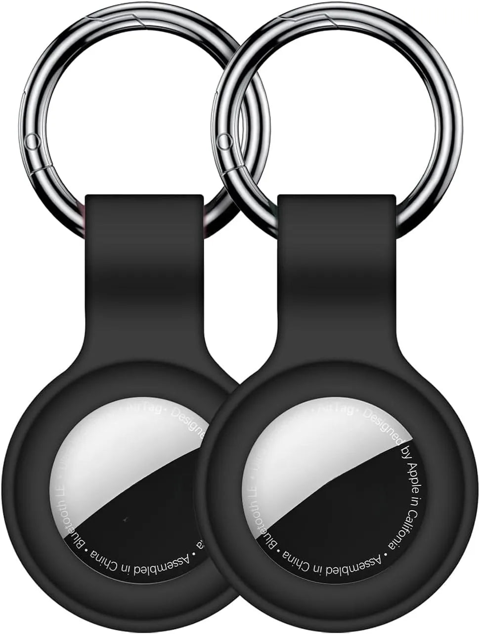 A black silicone protective cover for an AirTag attached to a metal keychain ring.