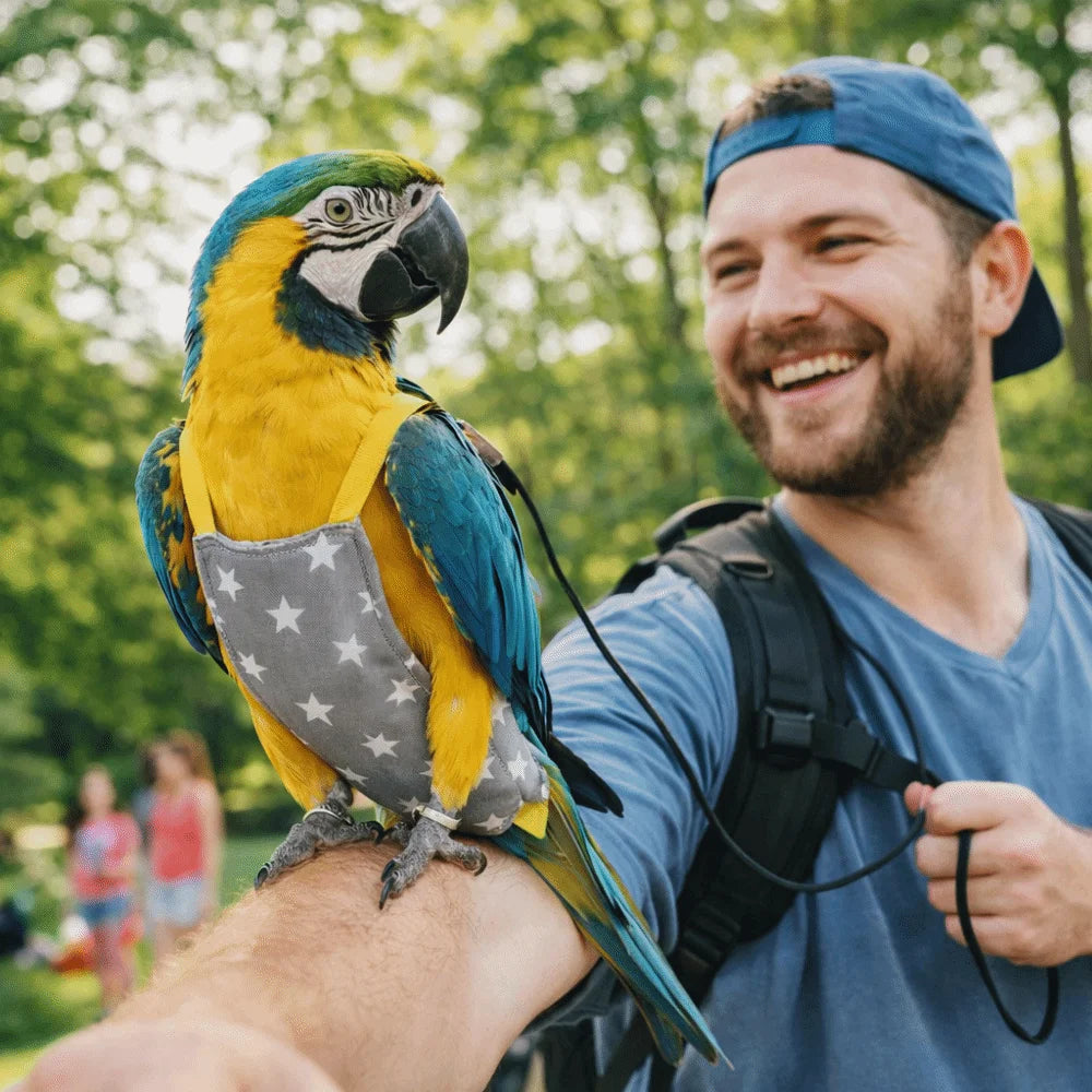 A man smiling while holding a yellow and blue parrot on his arm in an outdoor setting.