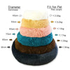 A stack of fluffy pet beds in various colors and sizes, showing a diameter scale for different pet weights.