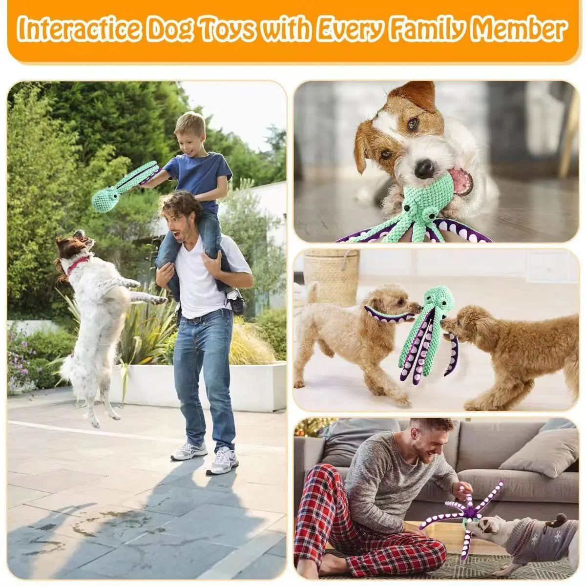 Eine Familie spielt mit einem interaktiven Plüsch-Oktopus-Hundspielzeug.