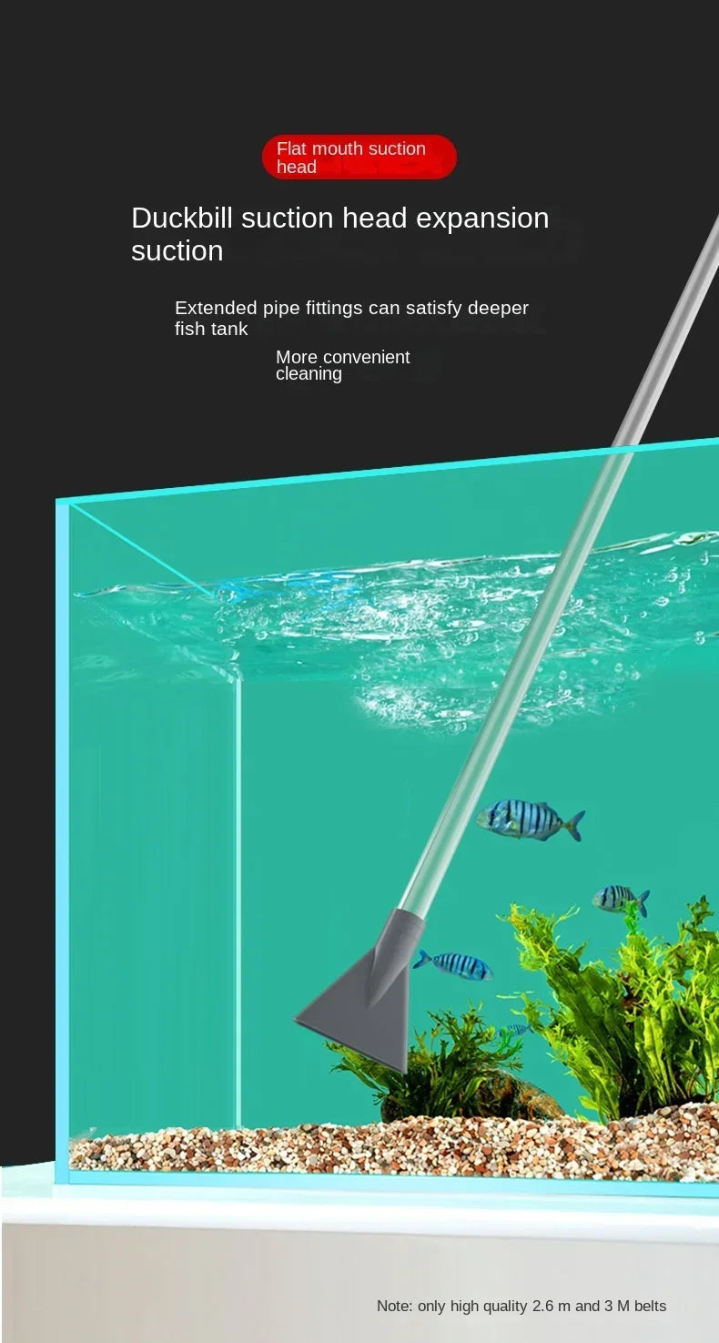 A flat mouth suction head for duckbill suction expansion used in an aquarium setup with a siphon pump.