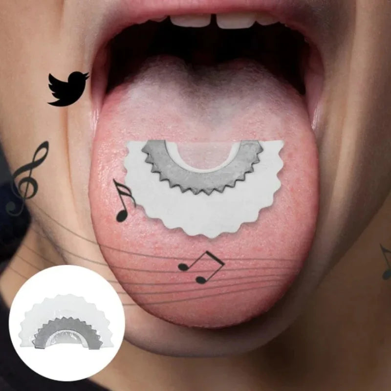 Close-up of a person's mouth showing a discreet bird whistle device placed inside the mouth.