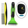 A green grooming brush with a black handle and a yellow comb attachment, shown next to a separate black rubber brush.