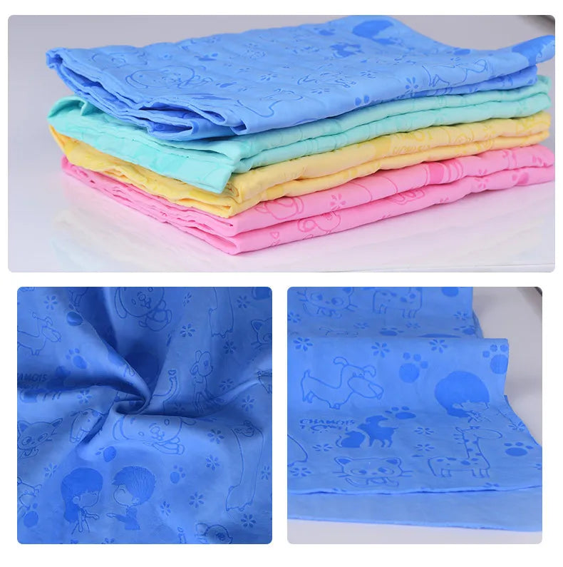 Stack of colorful ultra-absorbent dog bath towels in various shades of blue, yellow, and pink.