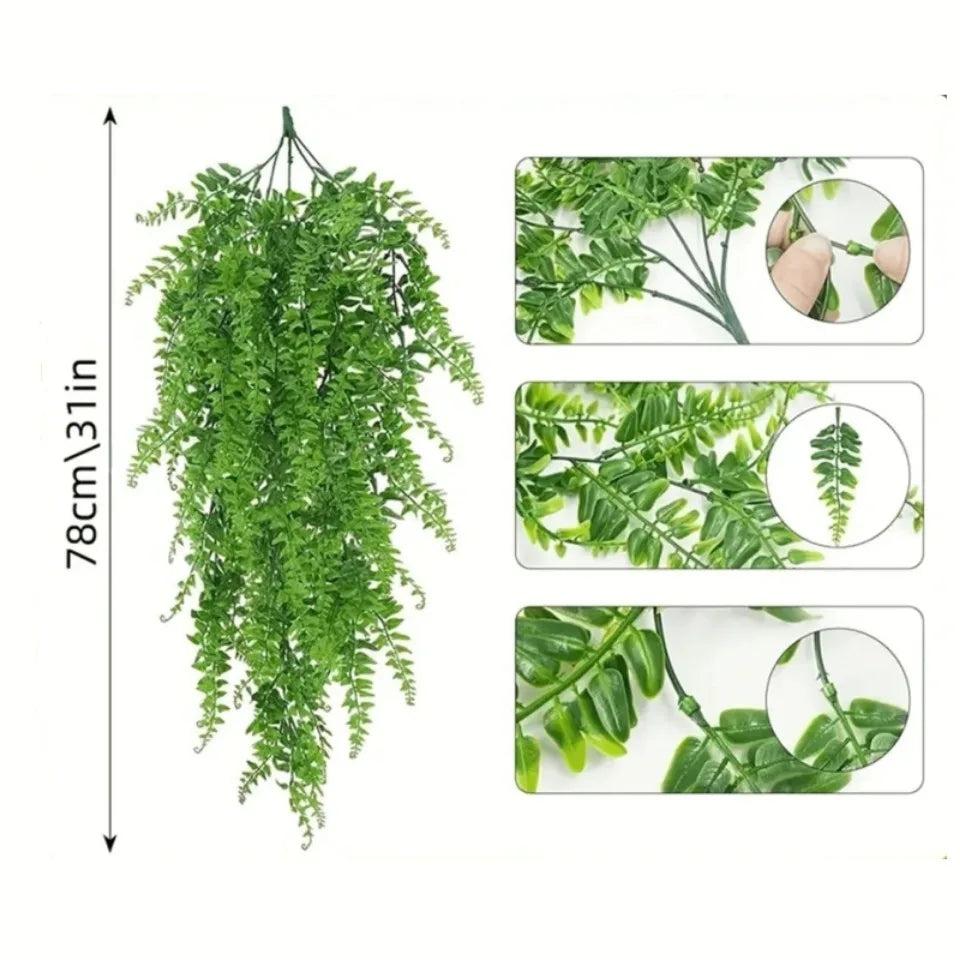 Artificial Persian fern hanging vines shown in various close-up views and a full plant display.