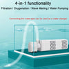 A white submersible filter pump is shown inside a clear container, demonstrating its functionality for water changing.