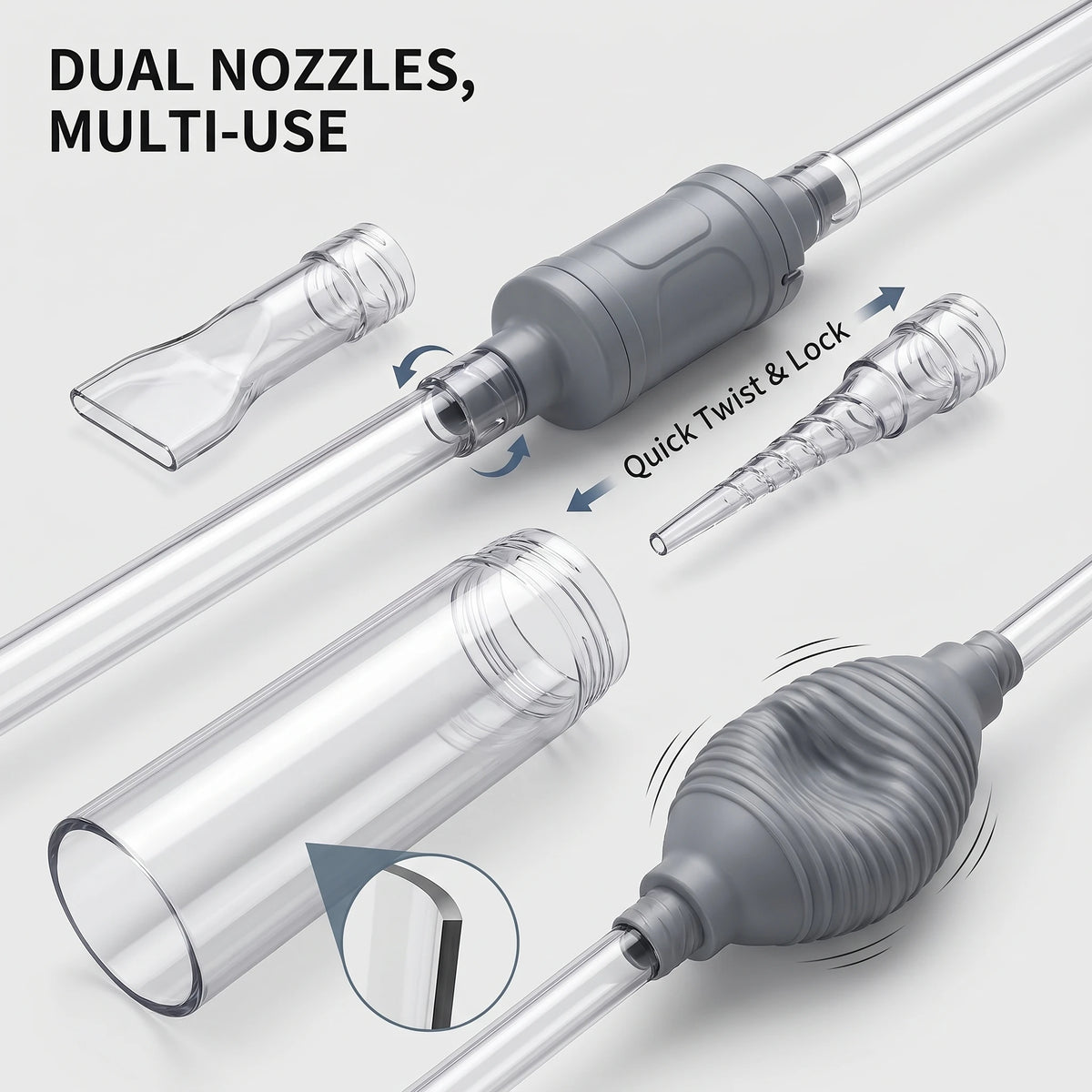 Ensemble d'outils multifonctions pour siphonner l'eau et nettoyer le gravier d'aquarium avec double buse.