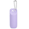 A purple silicone dog poop bag dispenser with a silver clip.