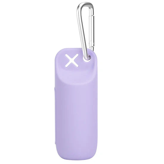 A purple silicone dog poop bag dispenser with a silver clip.