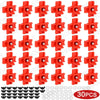 Un jeu de 30 tétines en plastique rouge pour abreuvoirs de poulets automatiques avec leurs bouchons correspondants.