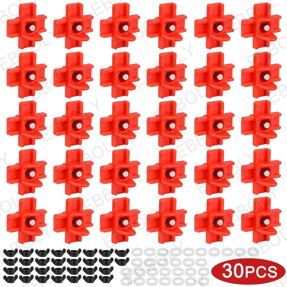 Un jeu de 30 tétines en plastique rouge pour abreuvoirs de poulets automatiques avec leurs bouchons correspondants.