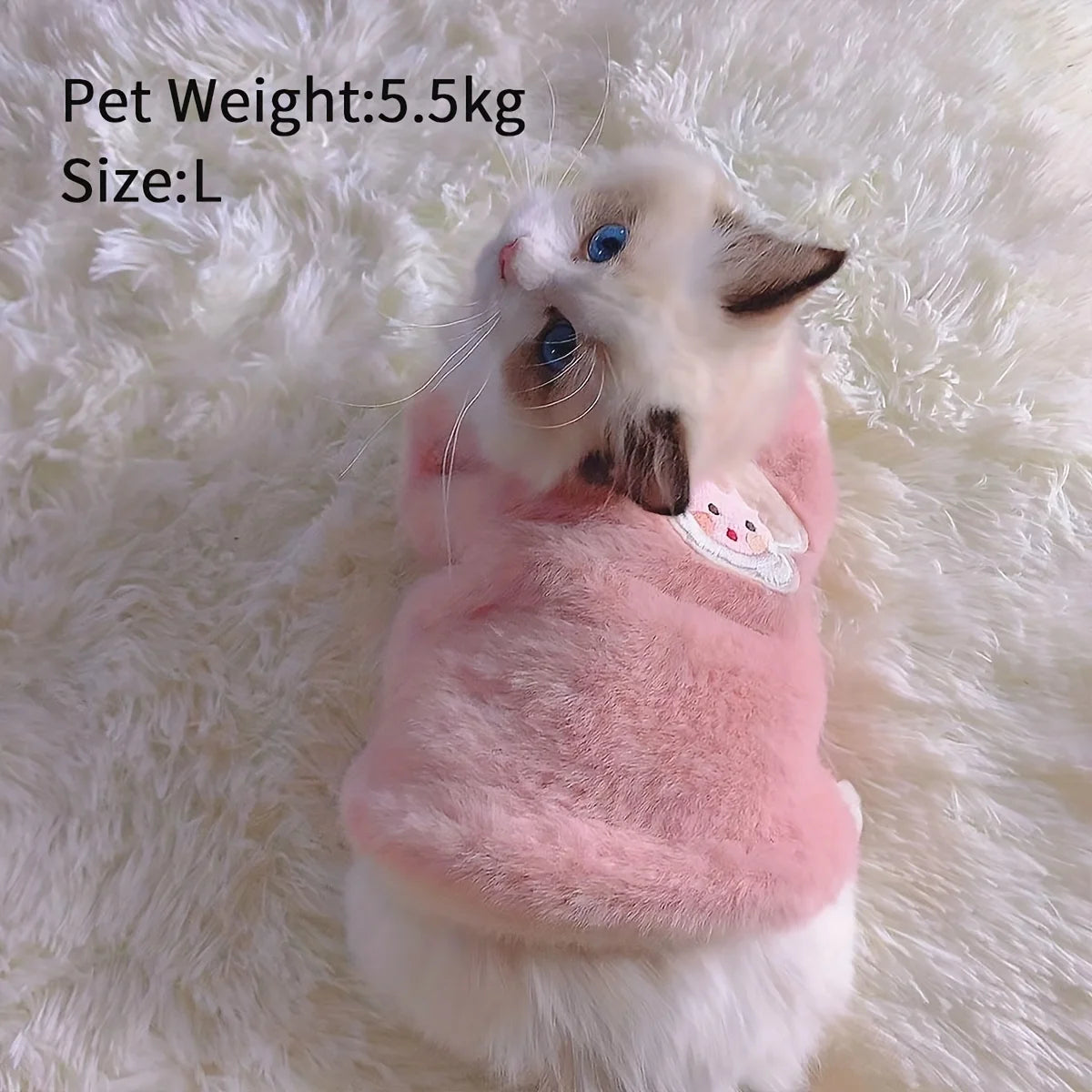 A fluffy white and gray kitten wearing a pink embroidered vest on a white fur background.