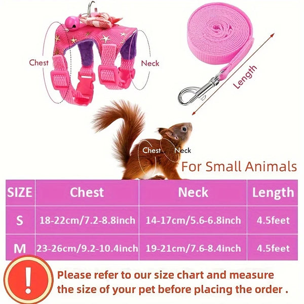 Pink hamster harness and leash walking set with size chart and measurement guide