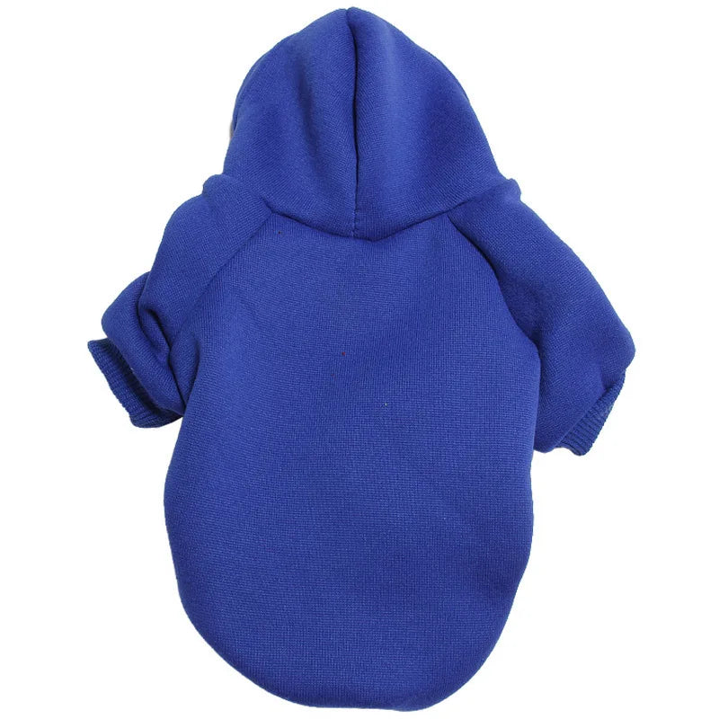 A royal blue knitted hoodie with a hood and long sleeves for a dog.