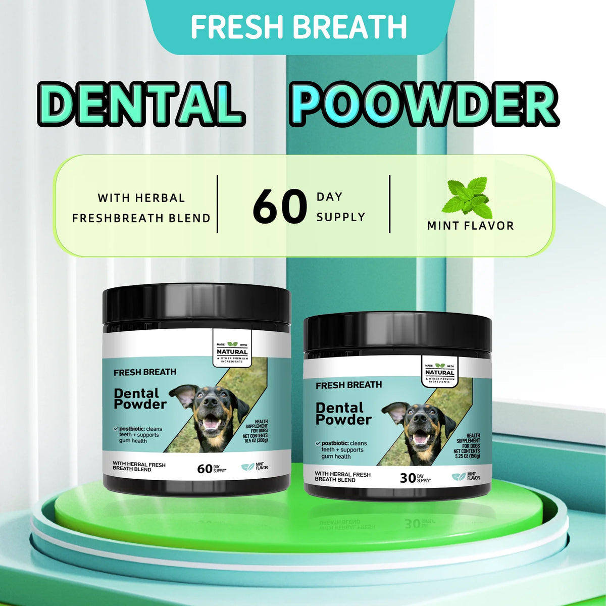 Two jars of Fresh Breath Dental Powder with mint flavor and 60 day supply shown on a light green background.