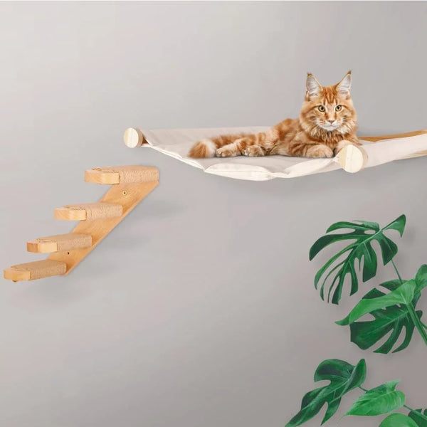 A fluffy orange cat is relaxing on a light-colored fabric shelf mounted on a wall.