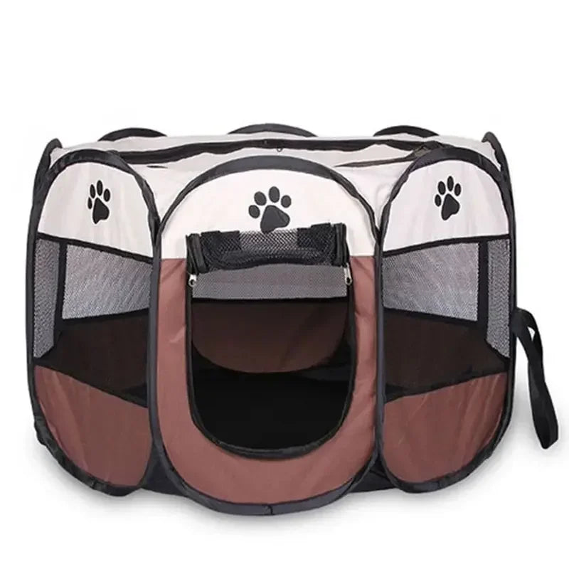A portable foldable pet playpen with a mesh enclosure and padded base.