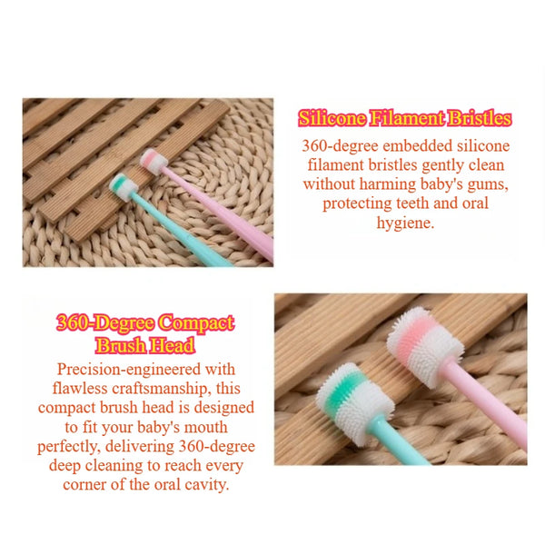 A set of silicone filament bristles for a 360-degree brush head used for cleaning baby teeth and oral hygiene.