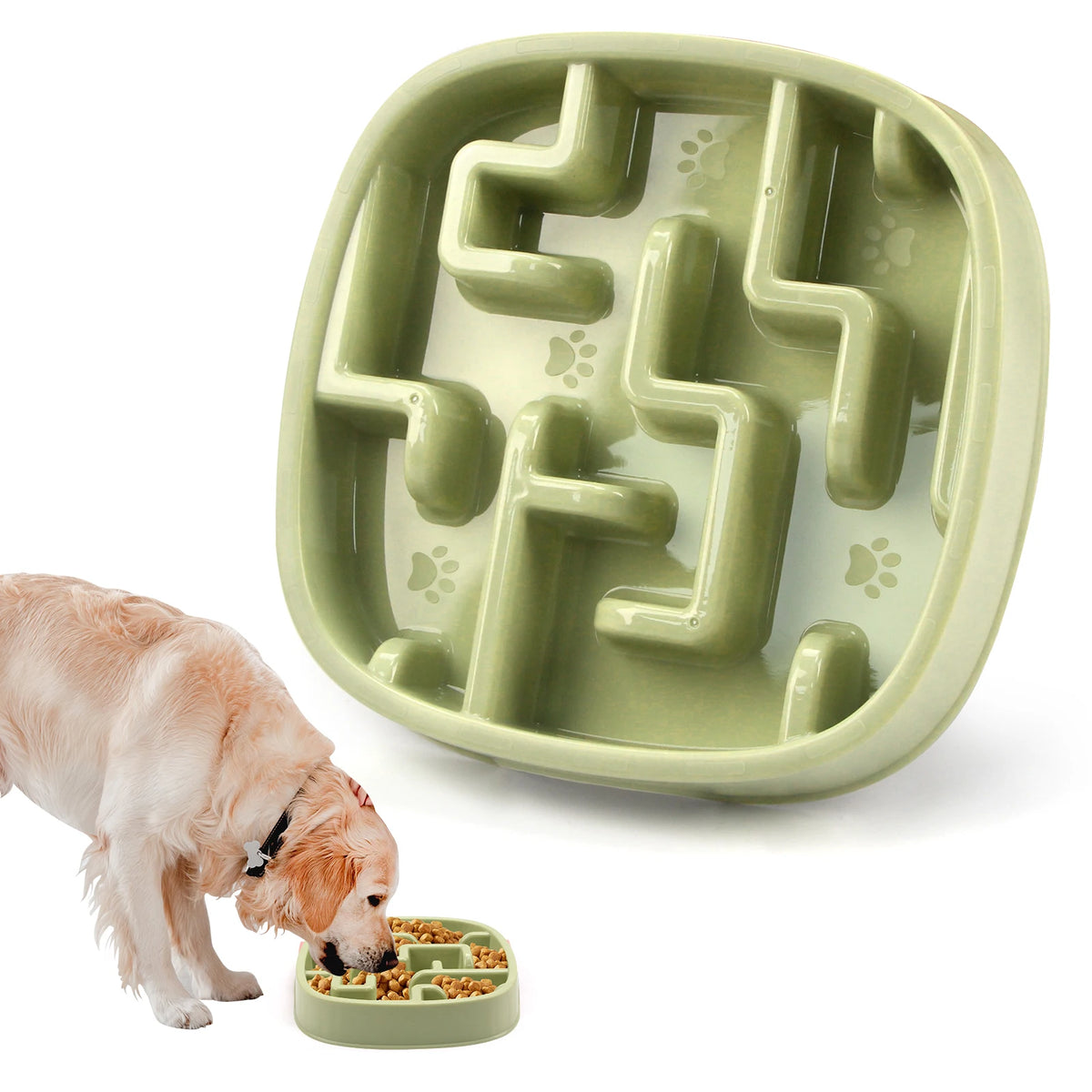 A light green anti-gulping slow feeder bowl for pets, with a dog sniffing food from a small feeder.