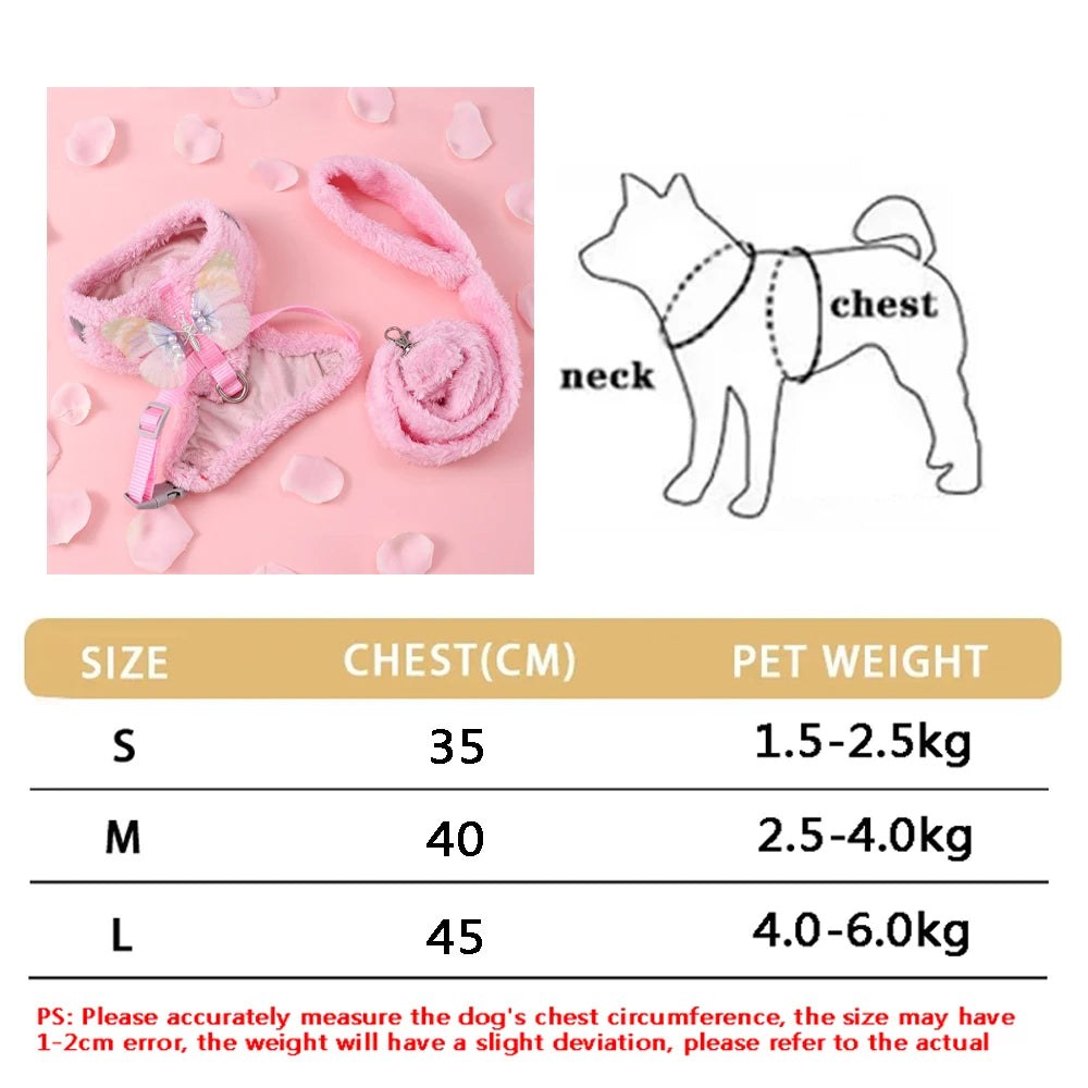 A diagram showing a pet harness for dogs with measurements for size S, M, and L, including chest circumference and correspond