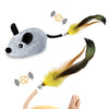 A simulated plush mouse toy featuring full body flocking and a bell feather tail design.