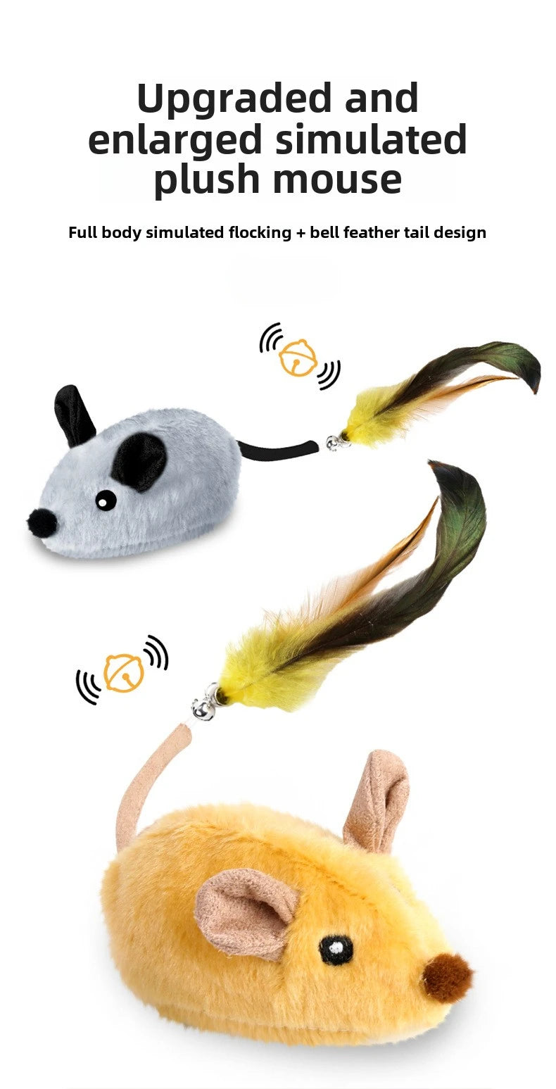 A simulated plush mouse toy featuring full body flocking and a bell feather tail design.