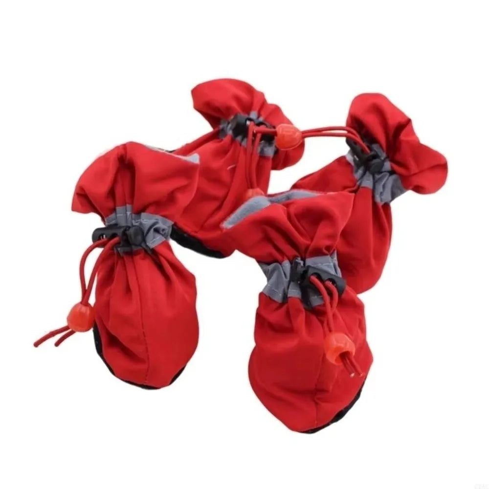 Pair of red cozy anti-slip dog booties with reflective grip