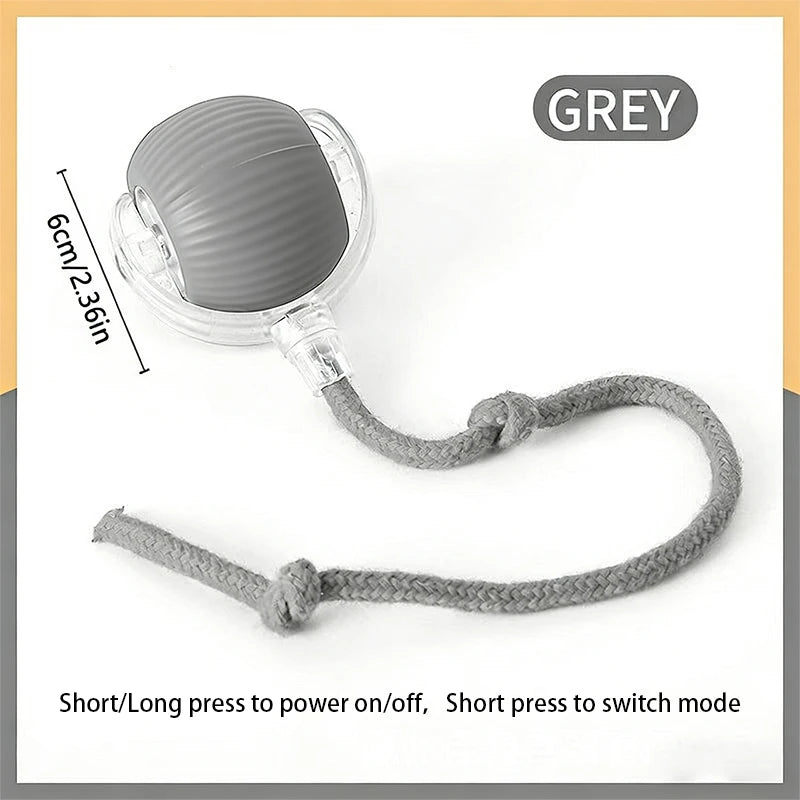 Grey automatic electric cat ball toy with a cord for interactive play