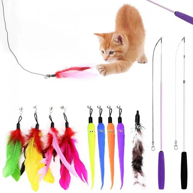 A variety pack of interactive cat toys featuring feather and plush attachments in various colors.