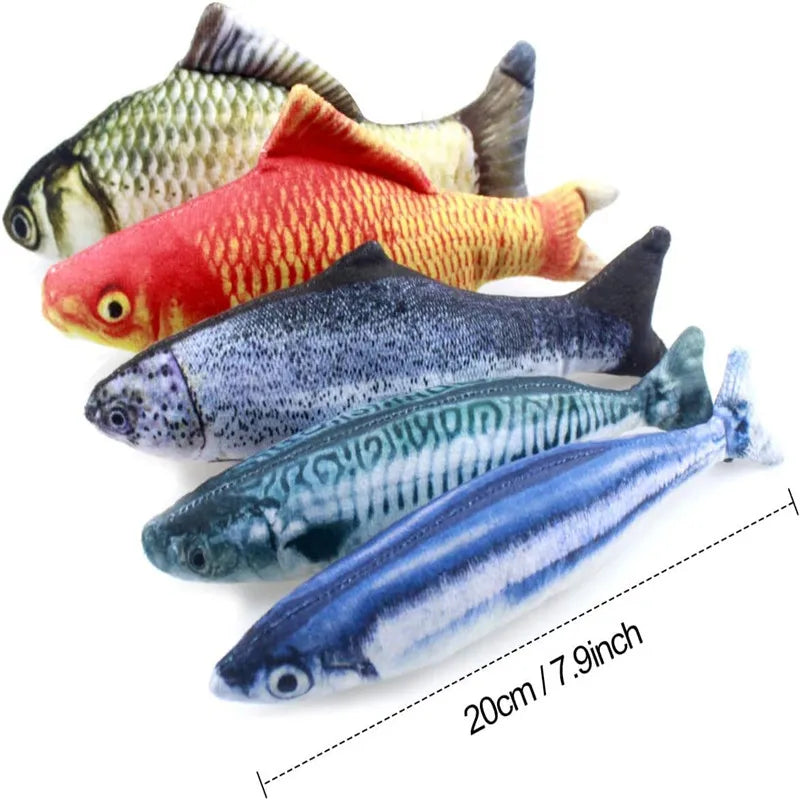 A set of five colorful catnip fish plush toys displayed on a white background.