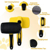 Yellow pet grooming comb and scratcher set showing various components like buttons, grips, and rubber tips