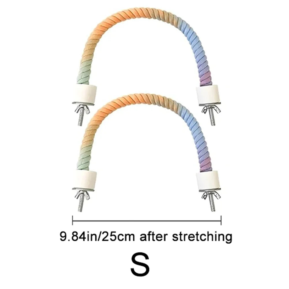 Colorful bird rope perch stand with a curved, braided design.