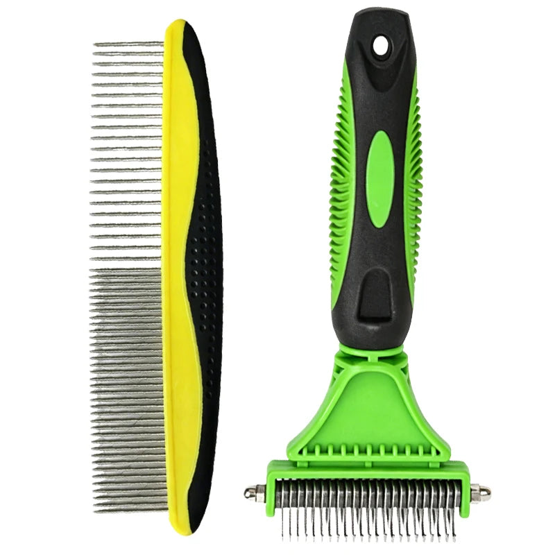 A green and black 2-in-1 pet detangler comb and grooming brush with metal teeth.