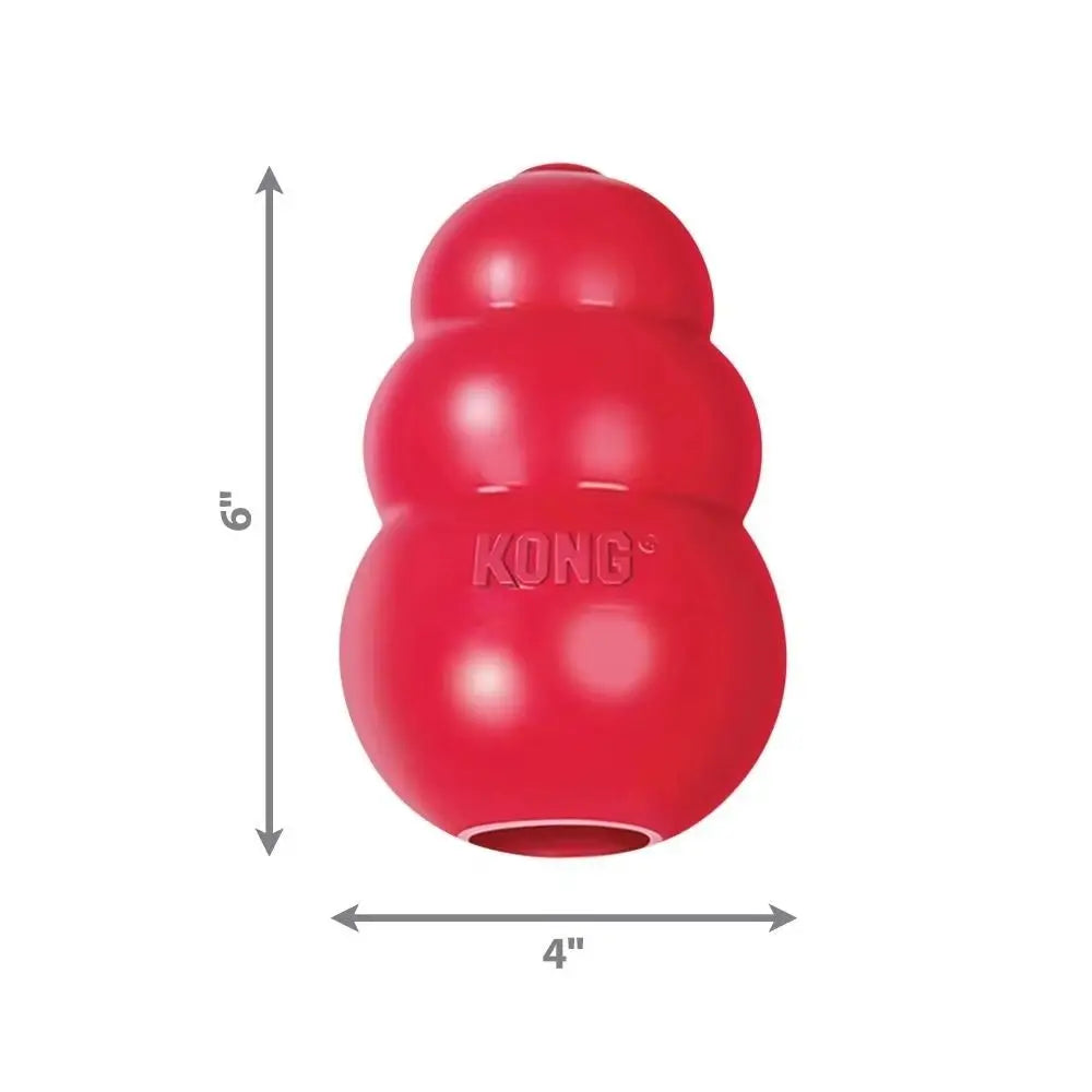 A bright red, three-tiered rubber dog chew toy with a treat dispensing core.