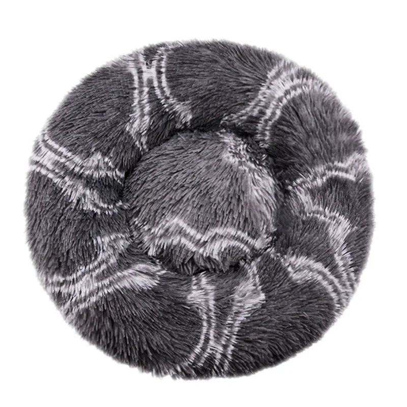 A round, gray plush pet bed with a striped pattern for dogs and cats.