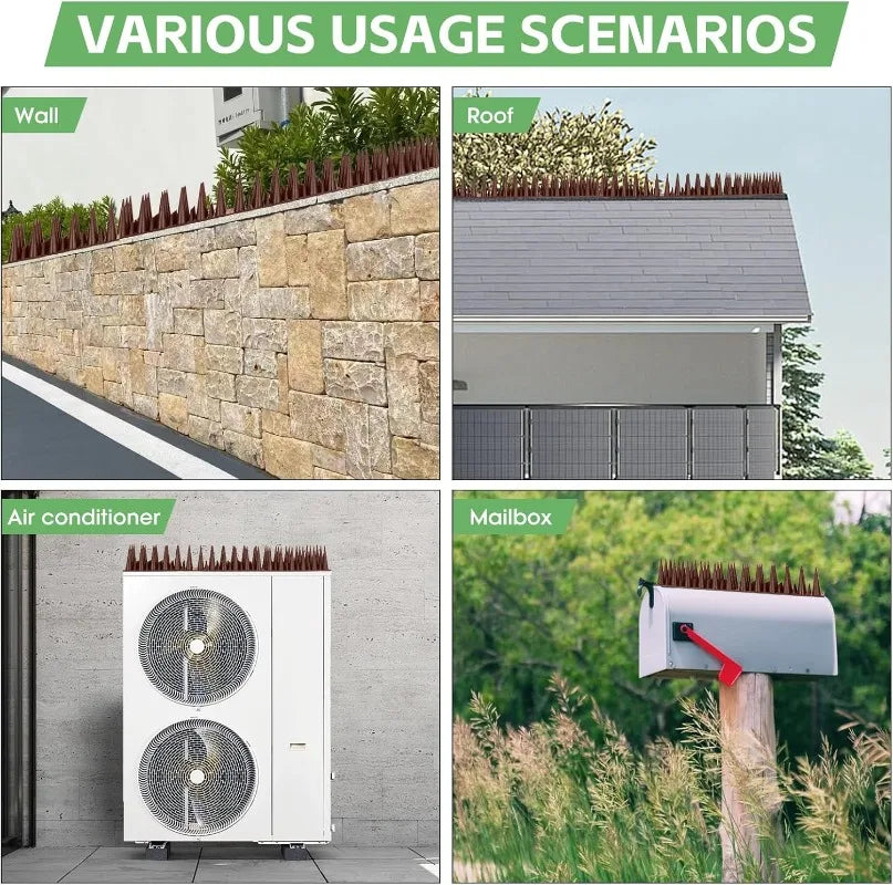 Various usage scenarios showing the bendable outdoor bird and pest repellent spikes on a wall, roof, and mailbox.