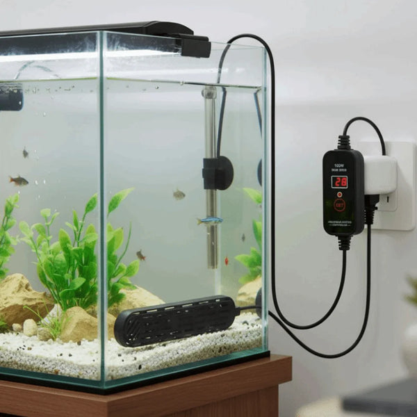 Un calentador de acuario ajustable enchufado a la pared, con un tanque de peces de vidrio conteniendo plantas acuáticas y un 