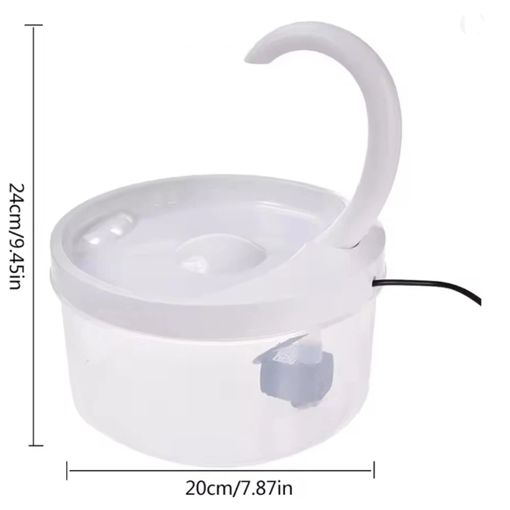 White automatic pet water fountain with a curved spout and a base, shown with dimensions.