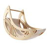 A wooden cat wall hammock with climbing steps and a moon bed, featuring curved wooden slats.