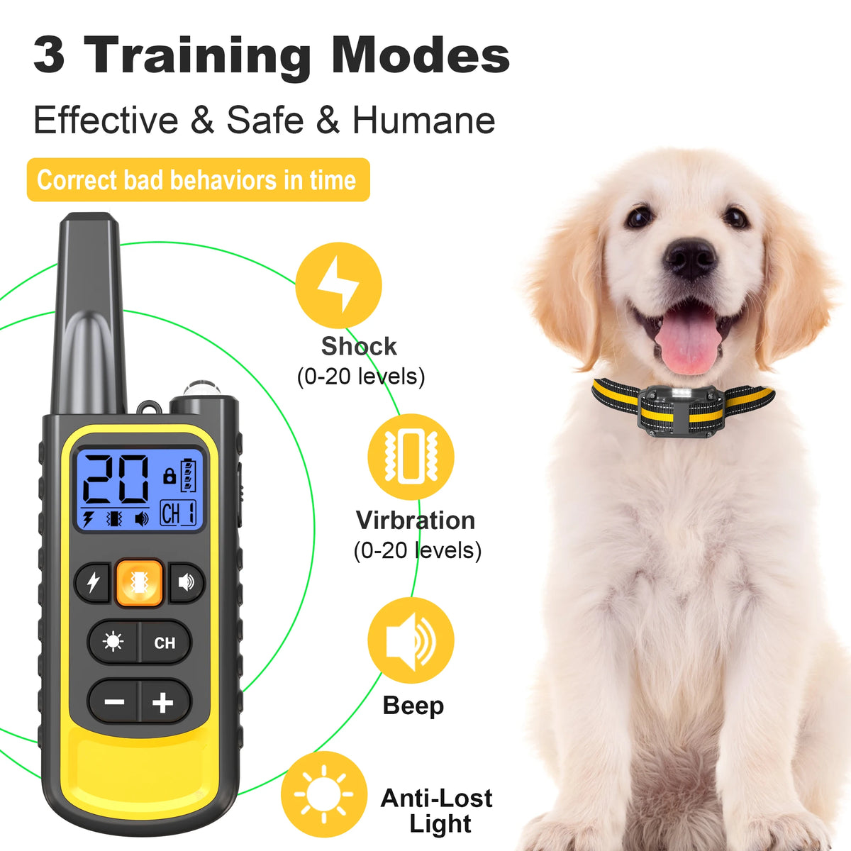 Geliger Fernsteuer-Elektrohundeschritttrainer mit Knöpfen, getragen von einem Golden Retriever.