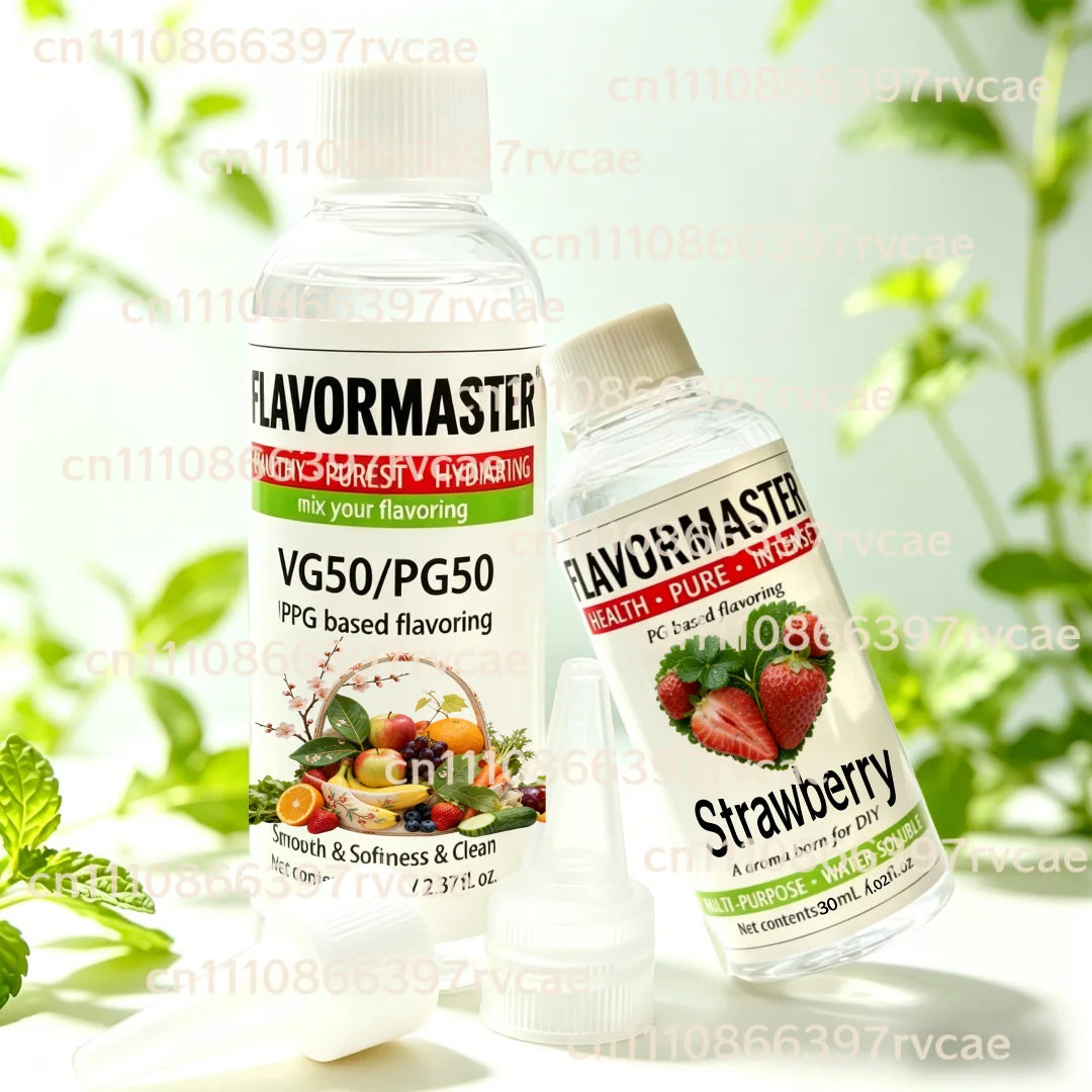 Eine Flasche FlavorMaster Erdbeere-Konzentrat zum Selbstmixen, neben einer Glasflasche.