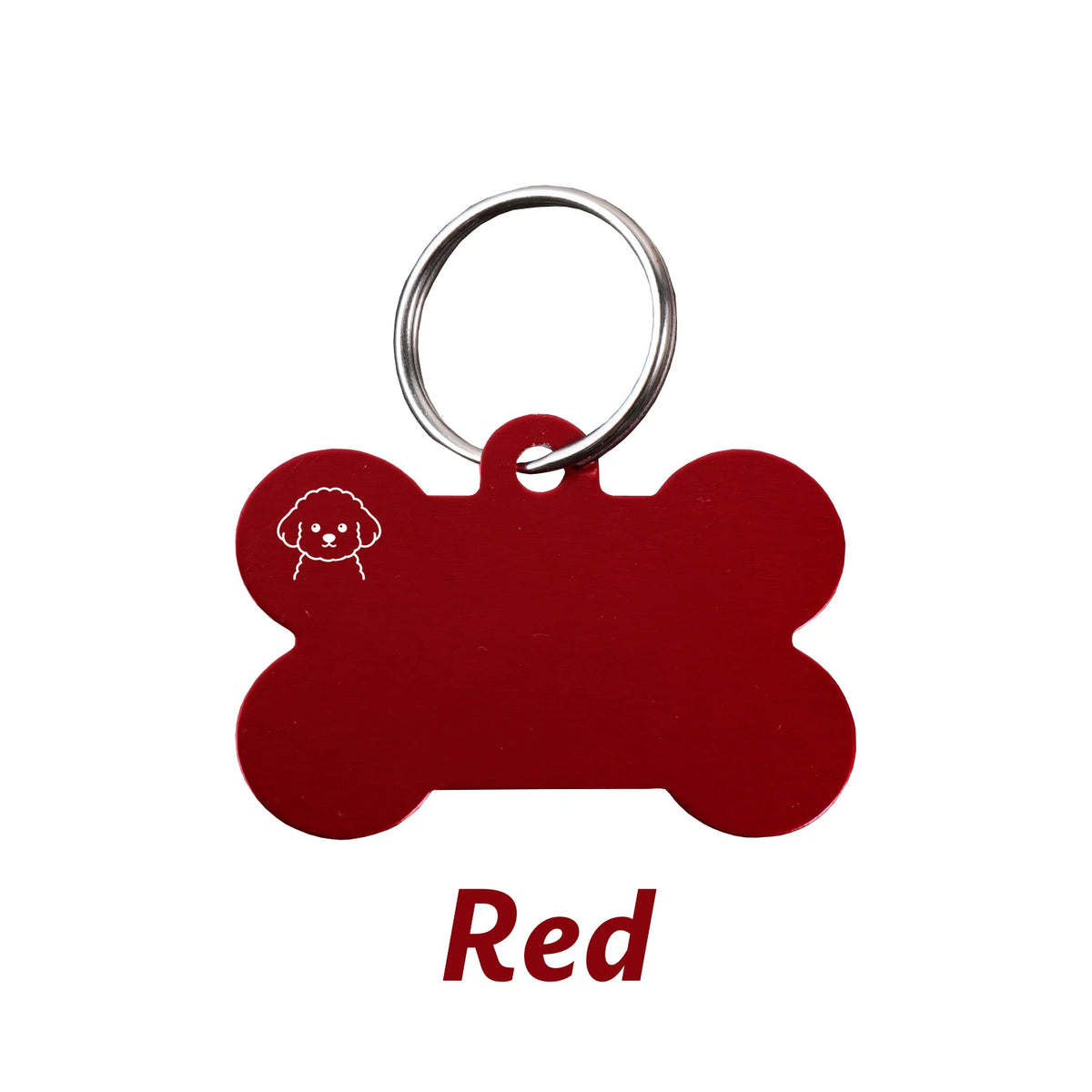 A red bone-shaped dog ID tag with a metal keyring.