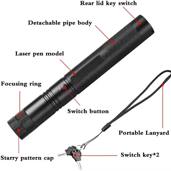 Schwarze Laser-Stiftmodell mit abnehmbarem Rohrkörper, Fokusring, Schalter und tragbarer Lanyard sowie Schlüsselswitch.