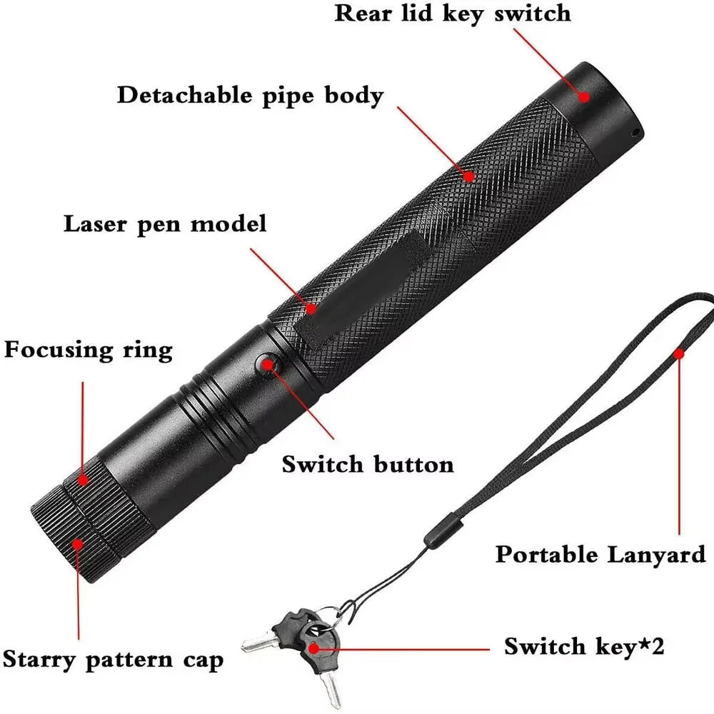 Schwarzer Laserstift mit abnehmbarem Röhchen, Fokusring, Schalter und tragbare Lanyard und Schlüsselschalter.