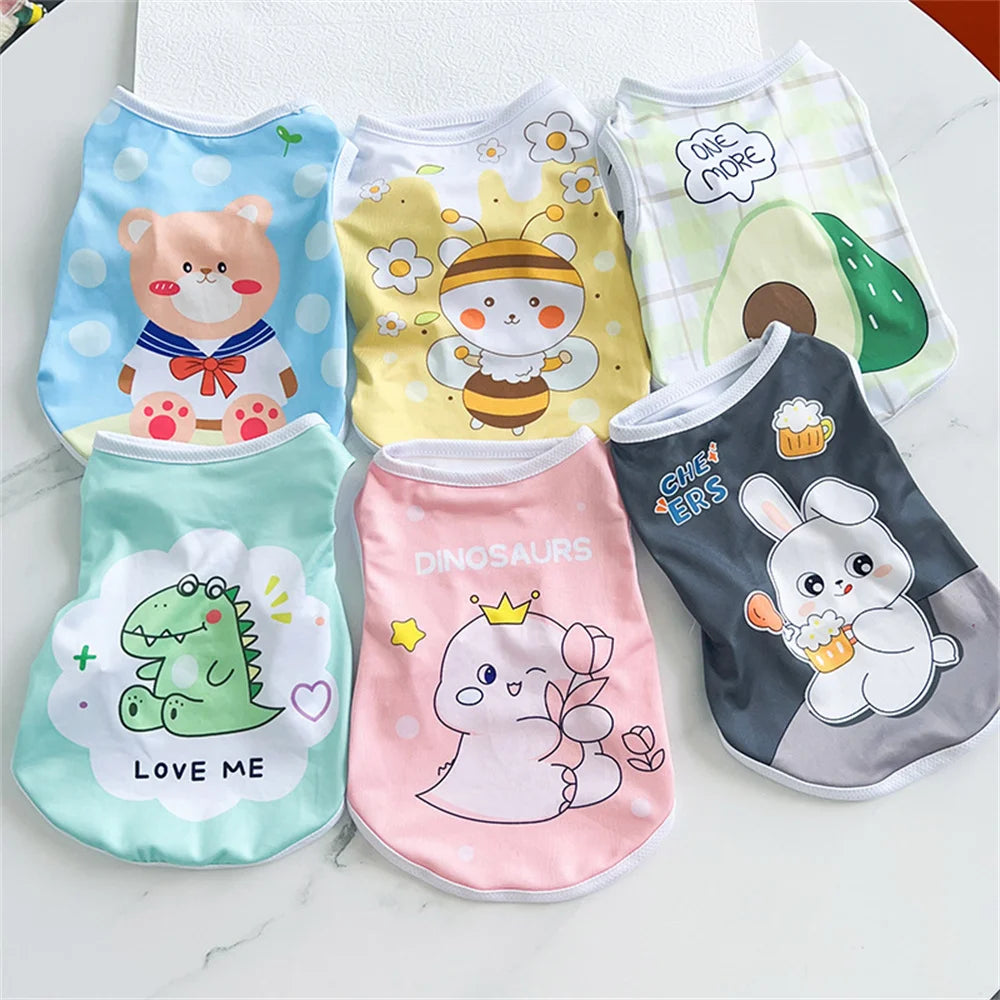 A collection of nine colorful breathable sleeveless vests for small dogs and cats featuring various cute animal designs.