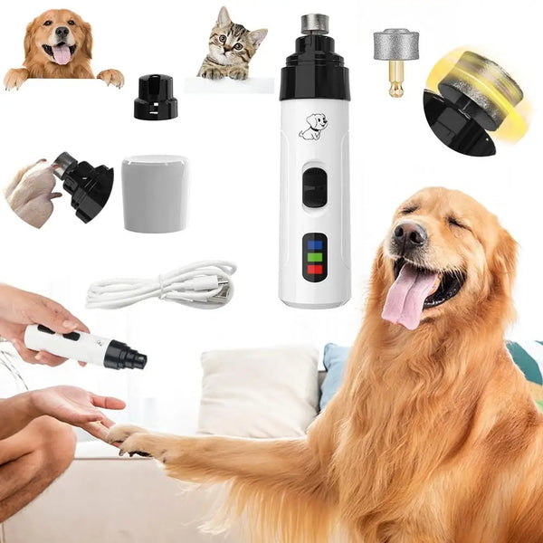 A collection of portable electric pet nail grinders for dogs and cats, including the device and accessories, next to a happy 