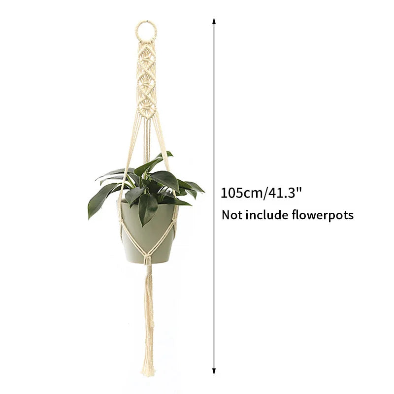 Macrame plant hanger with a hanging loop and a plant pot, measuring 105cm (41.3 inches).