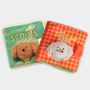 A pair of fabric pouches labeled Scouts and My Lunch Box featuring stuffed dog toys.